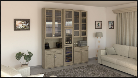 3-section mixed display bookcase with wine cabinet in greige finish