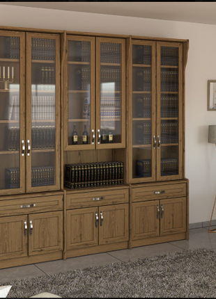 Classic 5-section glass-front bookcase with lower cabinet in warm oak finish