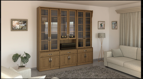 Classic 5-section glass-front bookcase with lower cabinet in warm oak finish