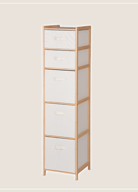 Tall narrow storage unit with multiple drawers on a light beige background