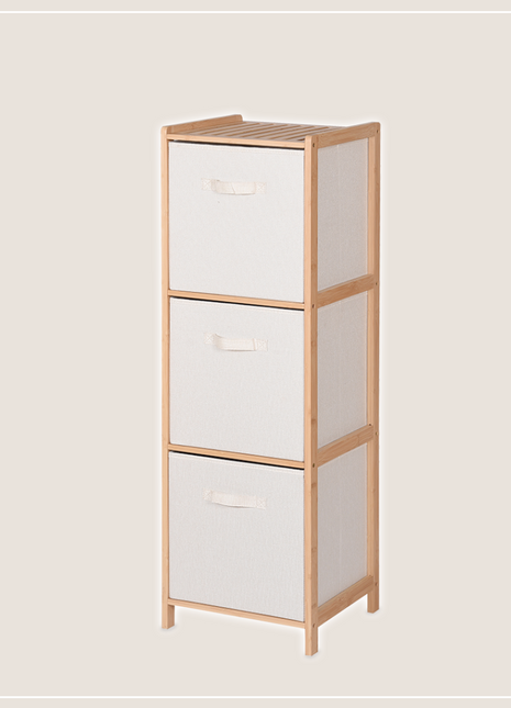 Tall wooden shelf with white drawers on a light beige background