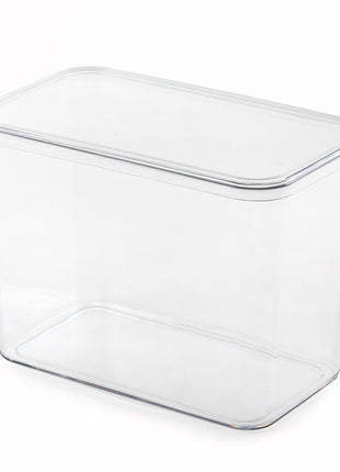 Clear plastic storage container with a lid on a white background