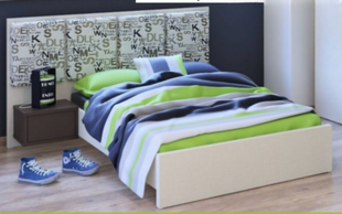 Letter Print Kids Bed with colorful alphabet headboard and green striped bedding